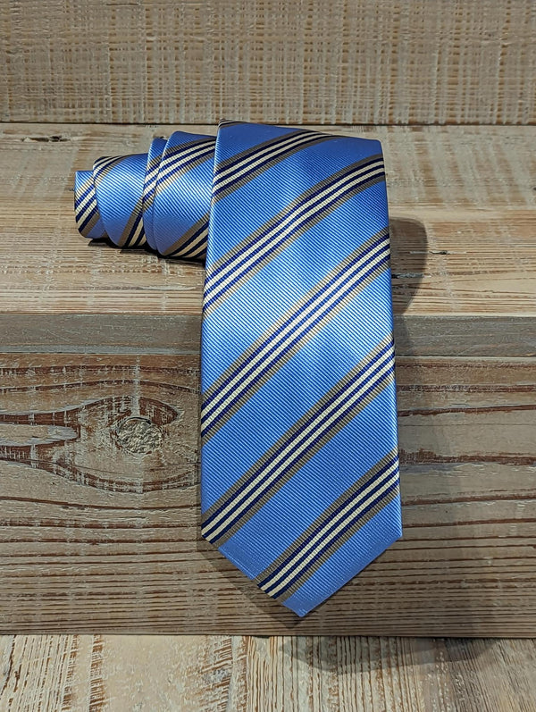 Blue, Gold and Tan Stripe Silk Tie